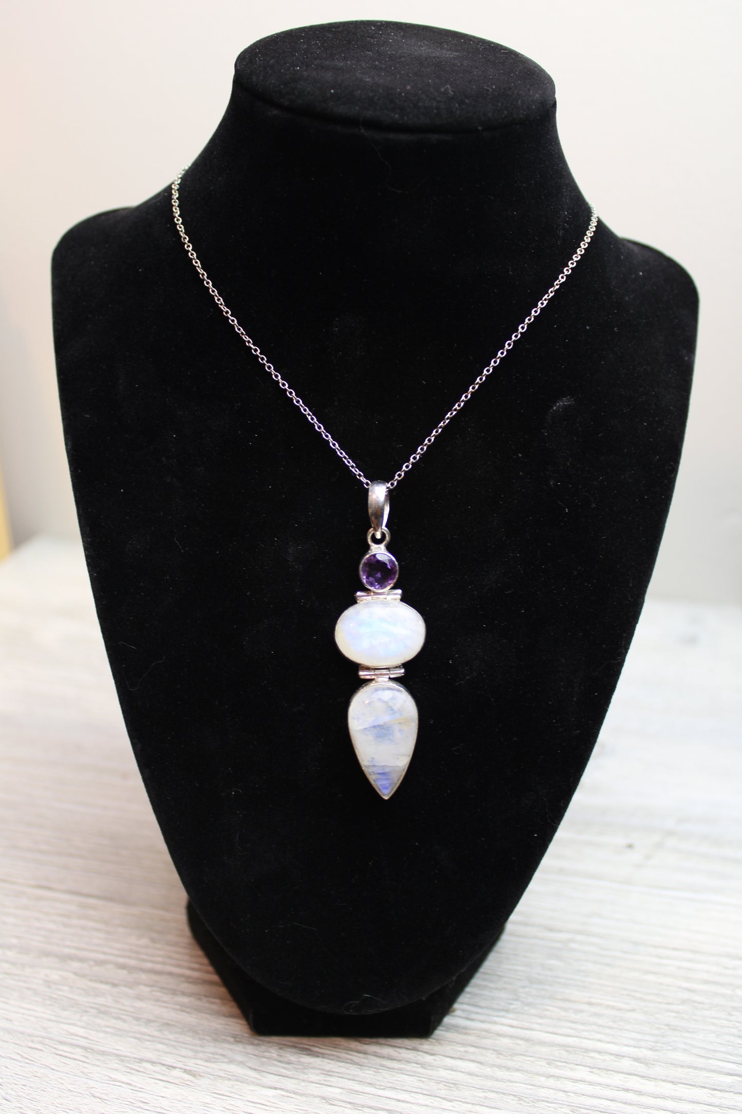 Blue moonstone and Amethyst Quartz Pendant in .925 silver