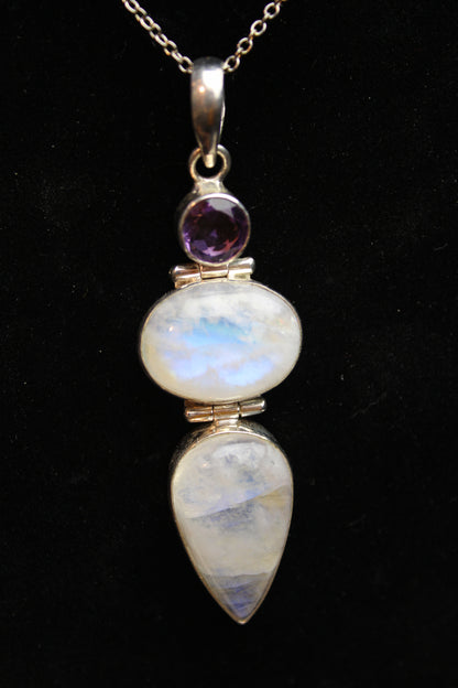 Blue moonstone and Amethyst Quartz Pendant in .925 silver